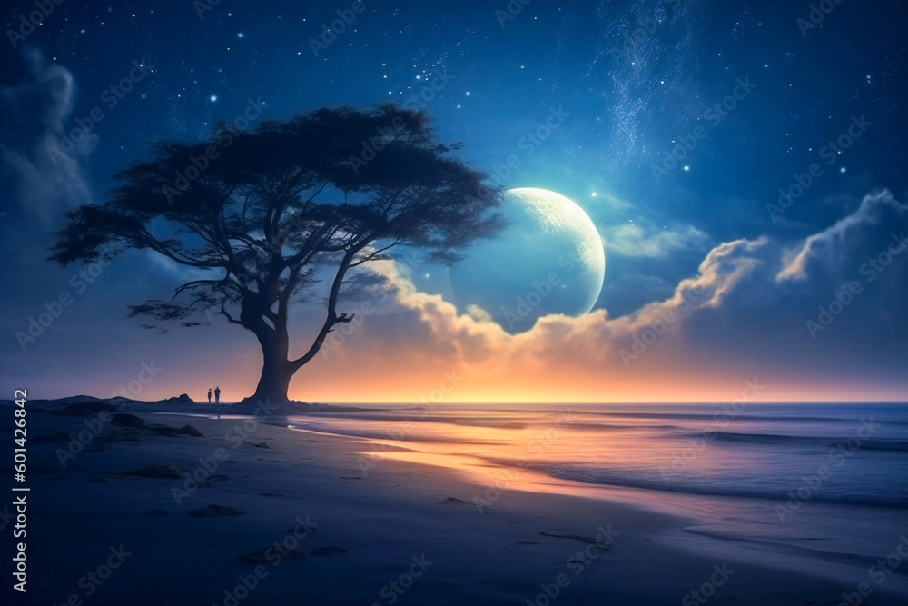 Alien landscape with a lone tree against a night sky, ocean and a big moon rising. Created with Generative AI technology.