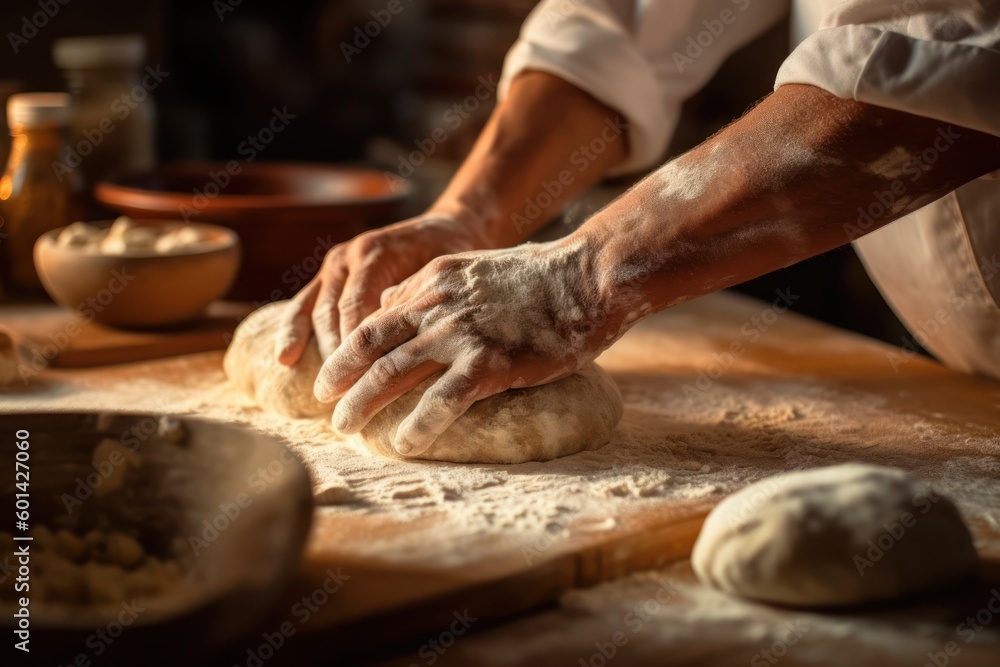 Bread preparation, hands kneading dough on table, closeup. Generative AI