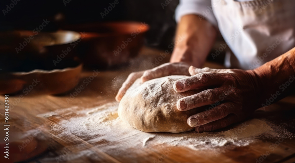 Bread preparation, hands kneading dough on table, closeup. Generative AI