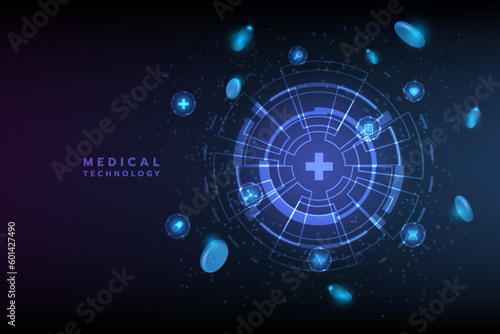 Fototapeta Naklejka Na Ścianę i Meble -  Healthcare and medical icon pattern innovation digital technology technology background. Medical, science and technology concepts. Abstract futuristic design. Vector illustration.