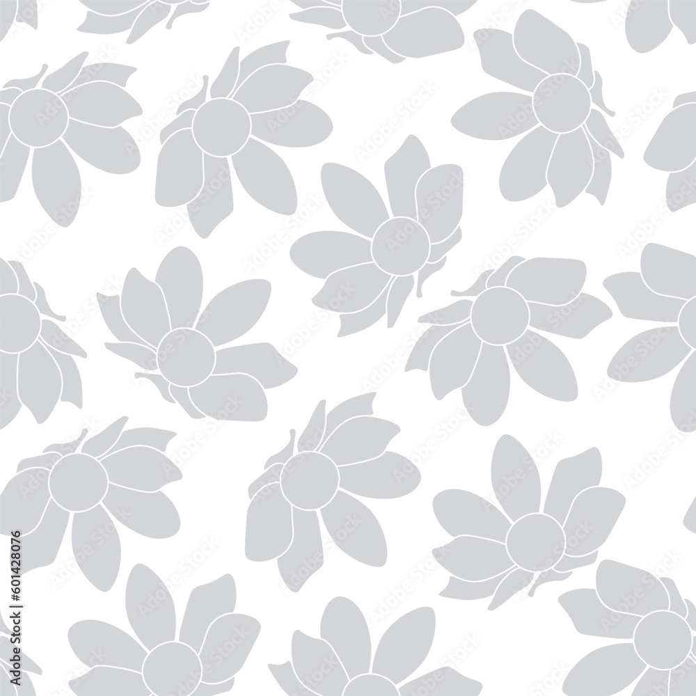Fototapeta premium A seamless pattern with gray flowers on a white background.