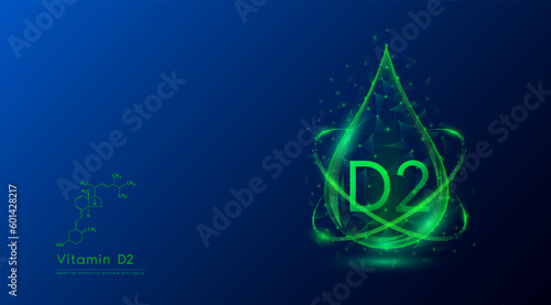 Vitamin D2 drop green low poly and structure chemical formula. Medicine science innovative. Multivitamins complex collagen supplement skincare anti aging. Cosmetics nutrition banner design. Vector.