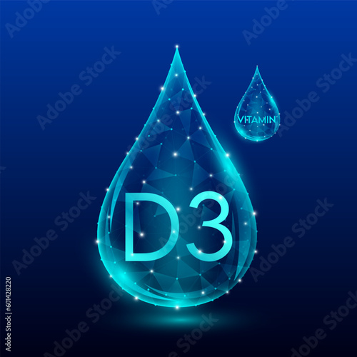 Vitamins complex skin care anti aging. Vitamin D3 drop blue translucent low poly on dark blue background. Multivitamins collagen supplement. Cosmetics nutrition design. Vector EPS 10 illustration.