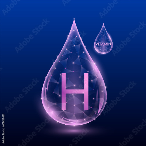 Vitamins complex skin care anti aging. Vitamin H drop pink translucent low poly on dark blue background. Multivitamins collagen supplement. Cosmetics nutrition design. Vector EPS 10 illustration.