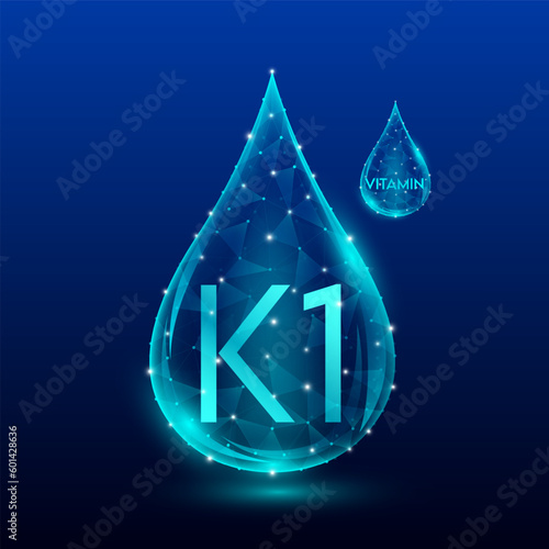 Vitamins complex skin care anti aging. Vitamin K1 drop blue translucent low poly on dark blue background. Multivitamins collagen supplement. Cosmetics nutrition design. Vector EPS 10 illustration.