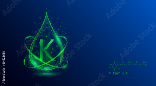 Vitamin K drop green low poly and structure chemical formula. Medicine science innovative. Multivitamins complex collagen supplement skincare anti aging. Cosmetics nutrition banner design. Vector.