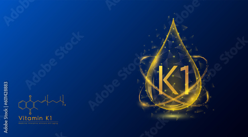 Vitamin K1 drop oeange low poly and structure chemical formula. Medicine science innovative. Multivitamins complex collagen supplement skincare anti aging. Cosmetics nutrition banner design. Vector.