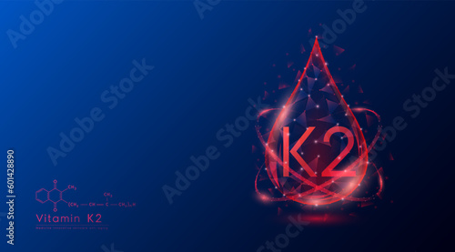 Vitamin K2 drop red low poly and structure chemical formula. Medicine science innovative. Multivitamins complex collagen supplement skincare anti aging. Cosmetics nutrition banner design. Vector.