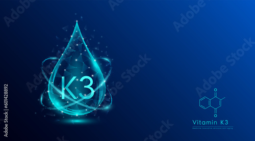 Vitamin K3 drop blue low poly and structure chemical formula. Medicine science innovative. Multivitamins complex collagen supplement skincare anti aging. Cosmetics nutrition banner design. Vector.
