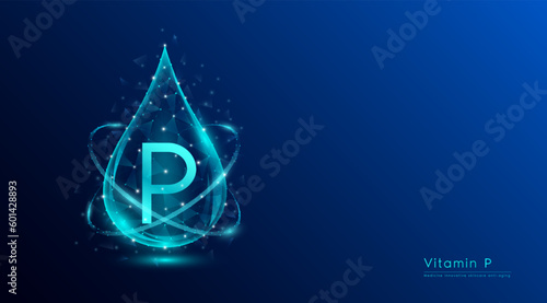 Vitamin P drop blue low poly. Medicine science innovative. Multivitamins complex collagen supplement skincare anti aging. Cosmetics nutrition banner design. Vector.