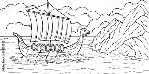 Viking boat at sea. Nordic Drakkar