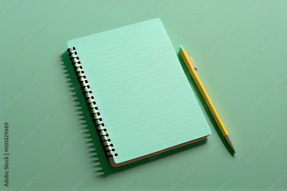 Flat lay blank notepad on light green background. Generative Ai Flat lay blank notepad on light green background. Generative Ai