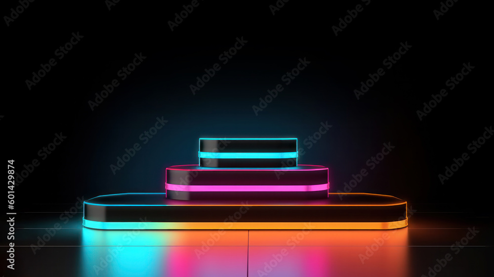 Sci-fi abstract 3D room concept, product display podium with glowing neon lighting. Generative AI. Sci-fi abstract 3D room concept, product display podium with glowing neon lighting. Generative AI.