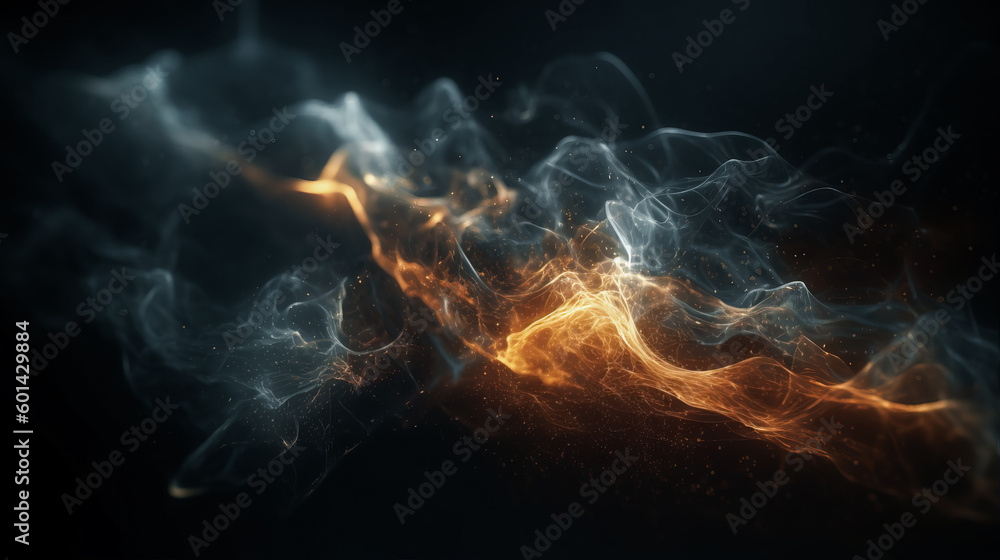 Abstract orange and blue smoke and particules on black background ...
