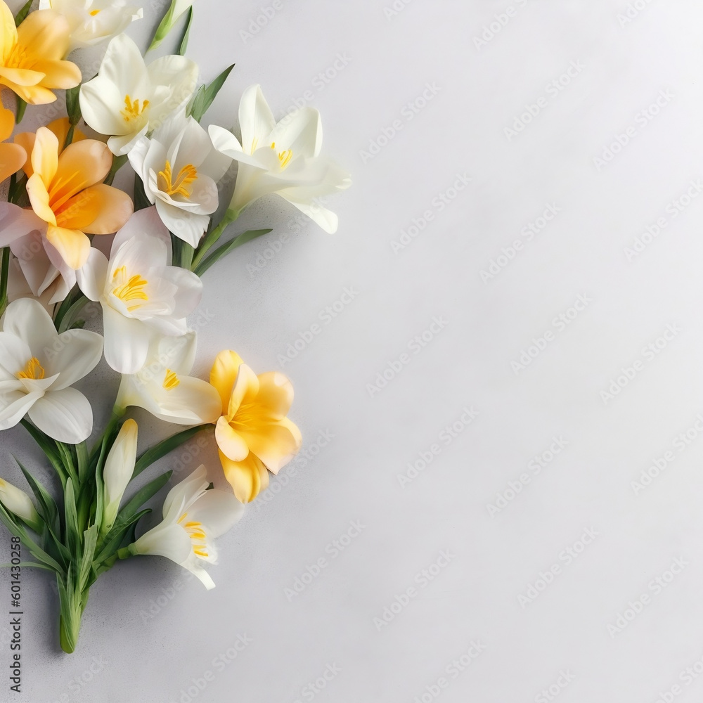 Obraz premium Freesia flowers on grey white background