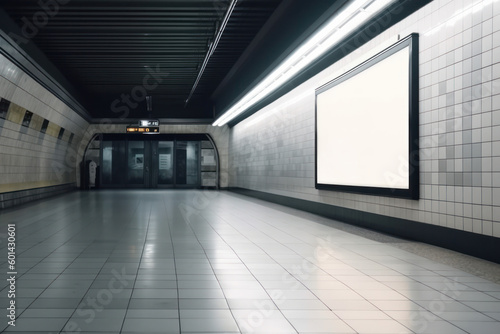 The blank screen of a TV mockup contrasts with the historic architecture of an abandoned subway station. is AI Generative