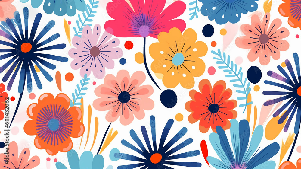 Naive childish textured flower in vibrant rainbow colors seamless pattern. Summer floral Scandinavian nursery print design. Generative AI Naive childish textured flower in vibrant rainbow colors seamless pattern. Summer floral Scandinavian nursery print design. Generative AI