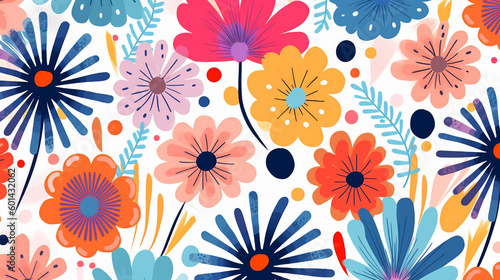 Naive childish textured flower in vibrant rainbow colors seamless pattern. Summer floral Scandinavian nursery print design. Generative AI