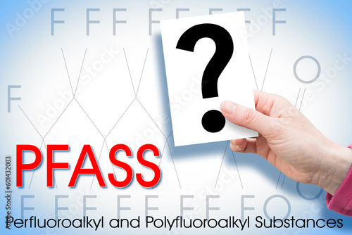 Doubts and uncertainties about dangerous PFAS Perfluoroalkyl and Polyfluoroalkyl Substances used due to their enhanced water-resistant properties - Concept with question mark photo