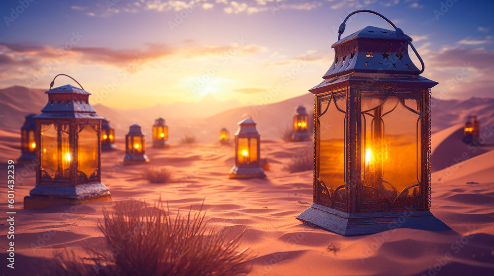 Glowing Beauty - Realistic Illustration of Ramadan Lanterns in the Desert. Generative AI. Glowing Beauty - Realistic Illustration of Ramadan Lanterns in the Desert. Generative AI.