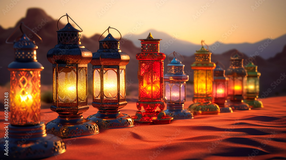 Fototapeta premium A Gleaming Oasis - Illustration of Ramadan Lanterns in the Desert. Generative AI.