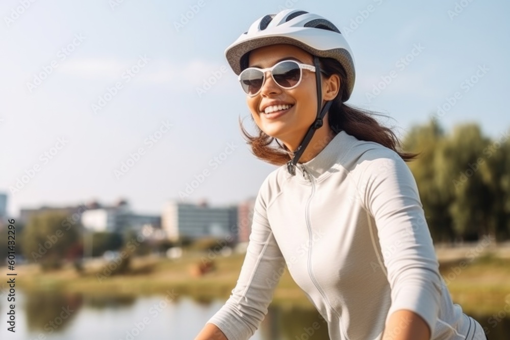 Portrait of a happy smiling woman dressed in cycling clothes, Active sporty people concept image. AI generated Portrait of a happy smiling woman dressed in cycling clothes, Active sporty people concept image. AI generated