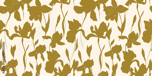 Floral Silhouette Pattern. Modern Iris Flower Seamless Pattern in Gold Color. 