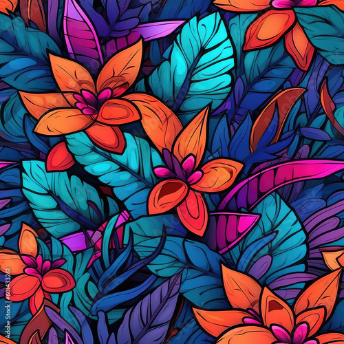 Exotic flowers seamless repeat pattern - fantasy colorful cubism  abstract art  trippy psychedelic  Generative AI  