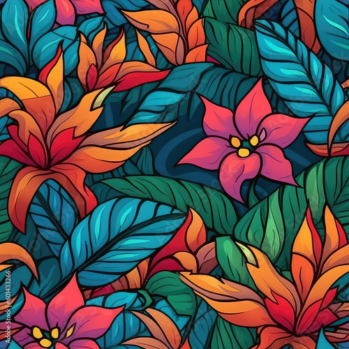 Exotic flowers seamless repeat pattern - fantasy colorful cubism, abstract art, trippy psychedelic [Generative AI] 