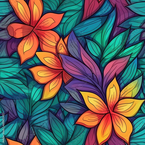 Exotic flowers seamless repeat pattern - fantasy colorful cubism, abstract art, trippy psychedelic [Generative AI] 