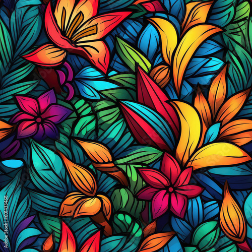 Exotic flowers seamless repeat pattern - fantasy colorful cubism, abstract art, trippy psychedelic [Generative AI] 