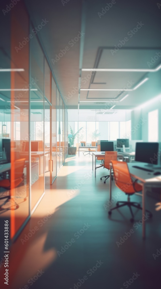 Blurred office room interior with defocused effect, blurred workspace, business concept. Generative AI