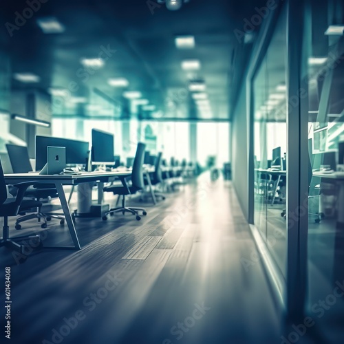 Blurred office room interior with defocused effect  blurred workspace  business concept. Generative AI