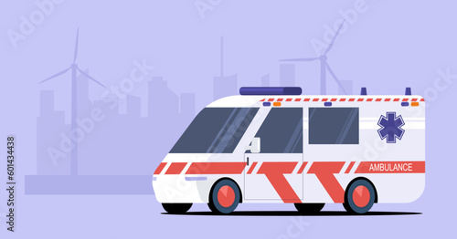 Modern electric ambulance van against the background of an abstract cityscape. Vector illustration