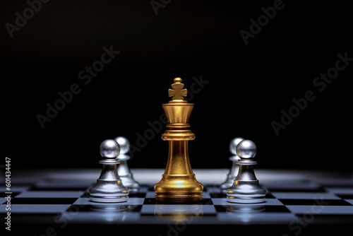 The golden chess king leads the silver chess pieces on the chessboard  business  success  competition Teamwork and leadership concept.