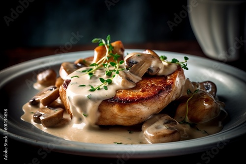 Photo juicy pork chops, drenched in a luscious creamy mushroom sauce, elegantly presented on a pristine, white plate in a cozy
