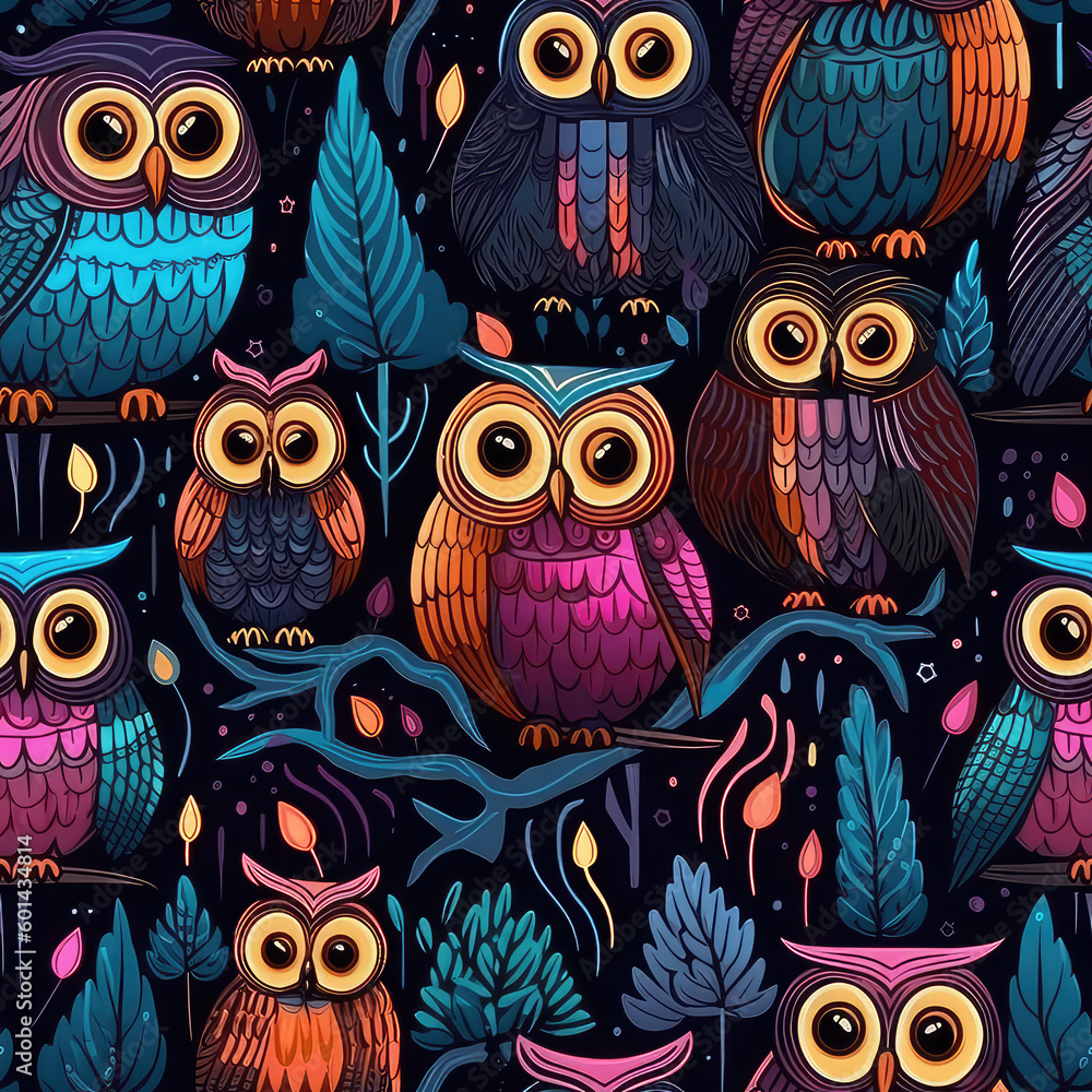 Obraz premium Cute owls at night seamless repeat pattern - fantasy colorful cubism, abstract art, trippy psychedelic [Generative AI] 