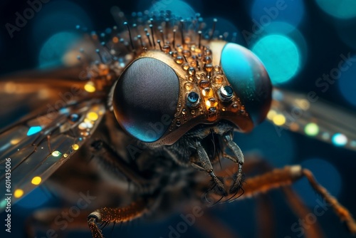 the fly's eye is in red and blue, in the style of textured surface layers, aurorapunk, black background, light brown and white, hyperrealistic fauna, aerial photography © Abraham
