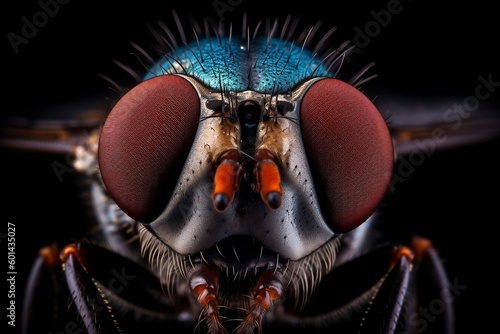 the fly's eye is in red and blue, in the style of textured surface layers, aurorapunk, black background, light brown and white, hyperrealistic fauna, aerial photography
