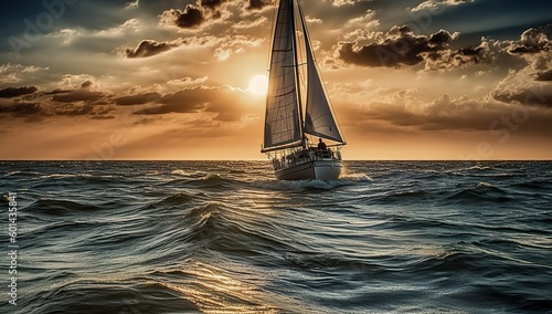 Sailing yacht in the sea at sunset, a 3D render illustration enhanced by Generative AI