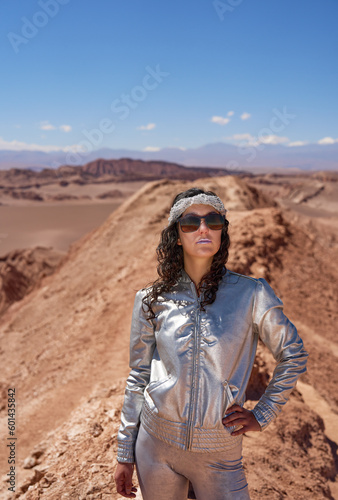 beauty portrait mid adult woman standing in the valley of the moon in san pedro de atacama 