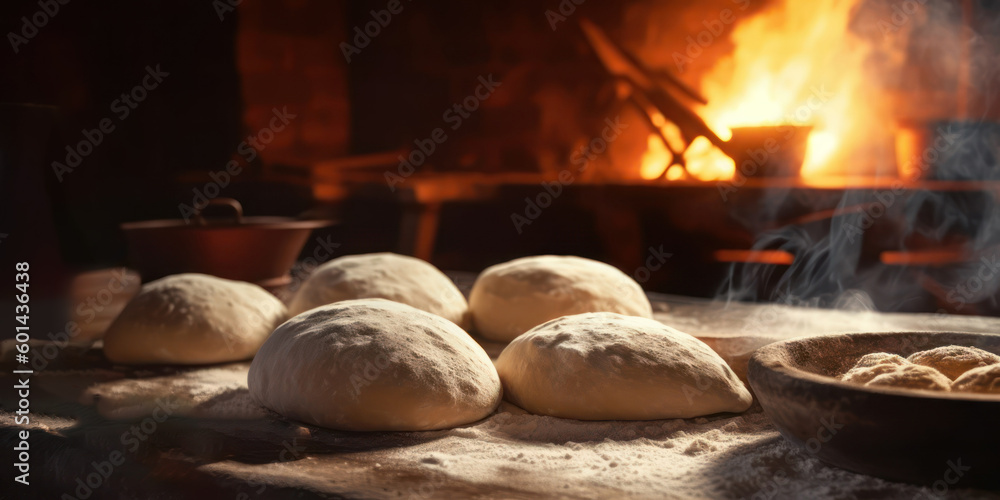 Baking bread, preparing dough on kitchen table closeup, traditional wood oven background. Generative AI Baking bread, preparing dough on kitchen table closeup, traditional wood oven background. Generative AI