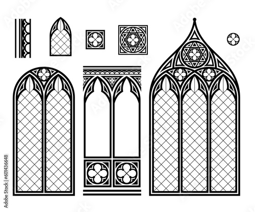 Medieval Gothic stained glass cathedral window set