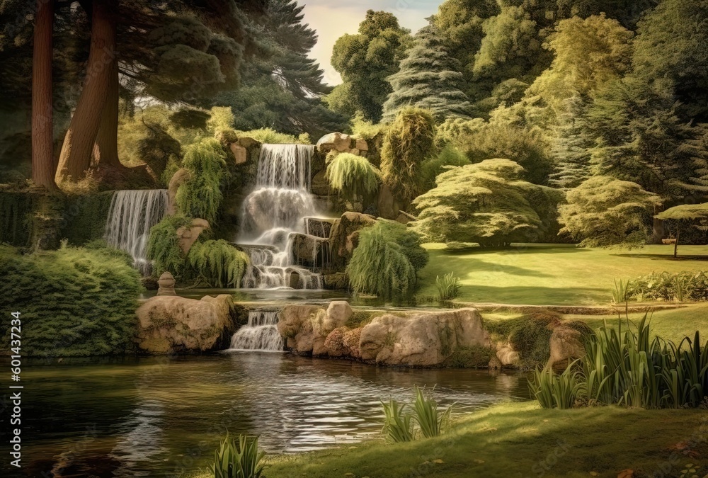 large lawn and waterfall in a garden, generative ai