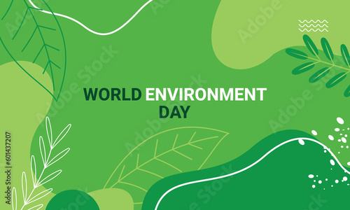 Fotografiet world environment day banner with leaf plant on green background vector design