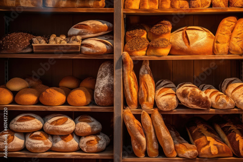 Variety of bread loaves on bakery shelves background, Generative AI