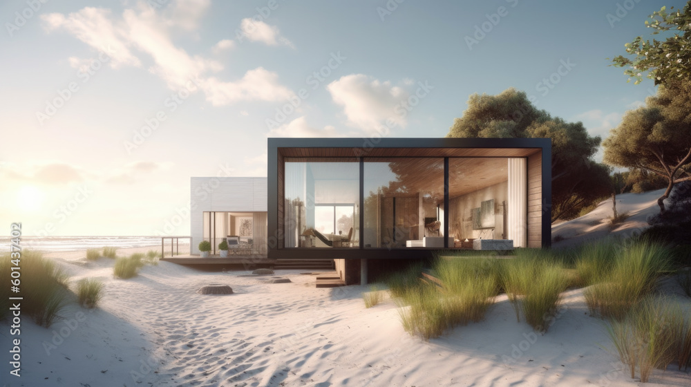 small modern luxury house on the beach. Generative AI