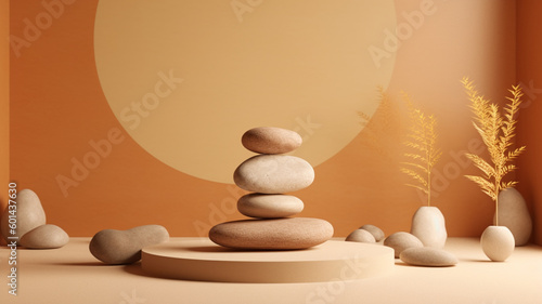 Beige background with stones. Natural showcase created with generative ai tools