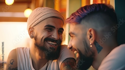 Laughing men friends couple in cafe, attractive young men lovers with multicolored haircut and tattooed face, LGBT openly gays dating in public cafe, sensitive same gender relationships, generative AI