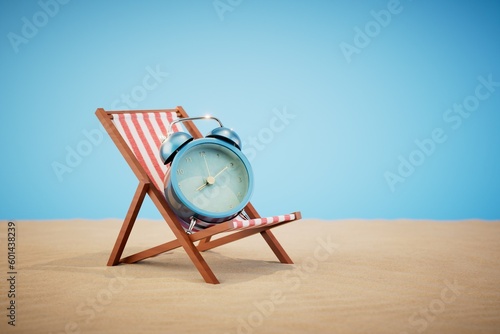 Time for rest. Alarm clock on the beach lounger. 3D render